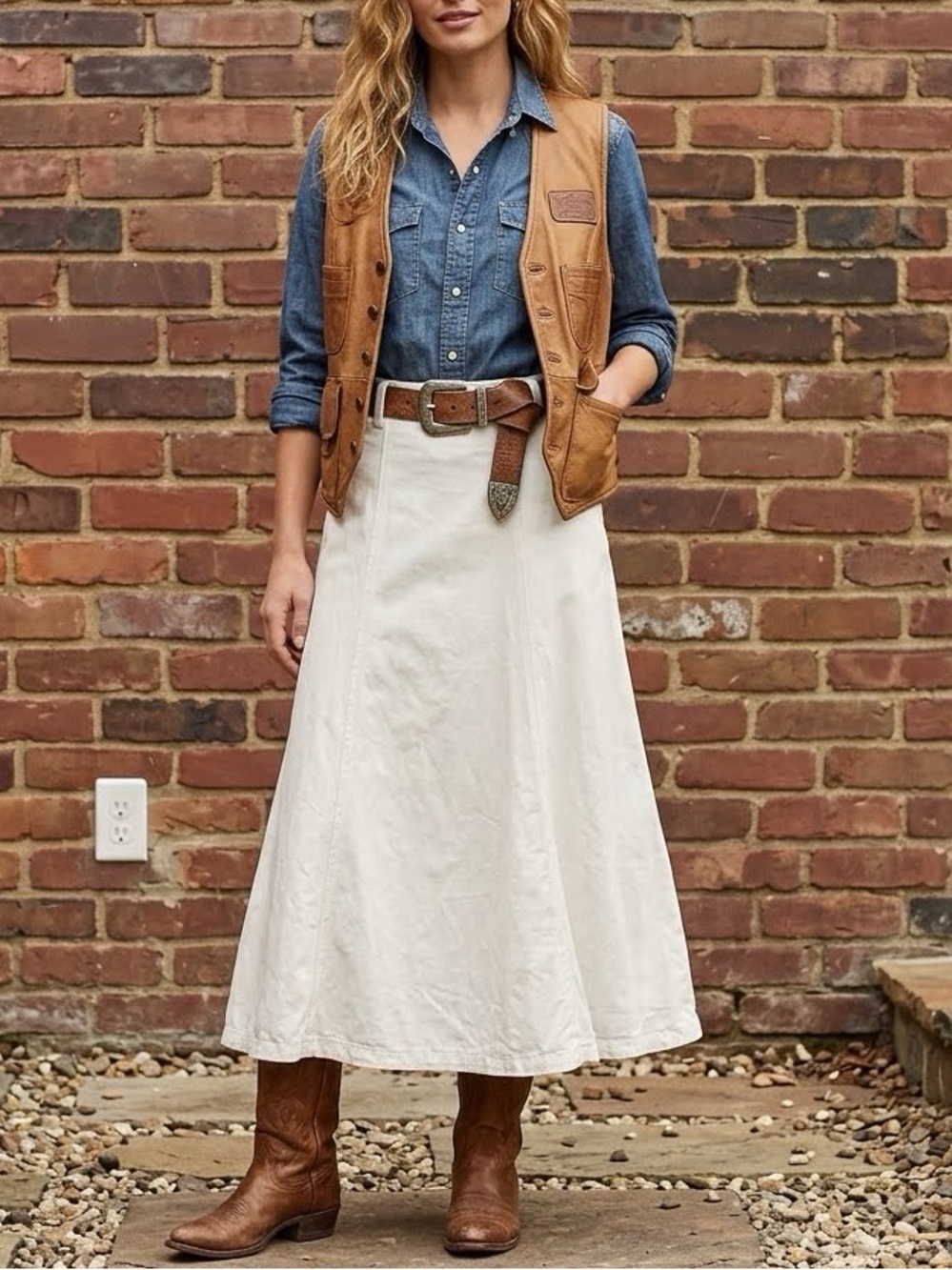 RALPH LAUREN Country white panel denim skirt 26 X 35.5